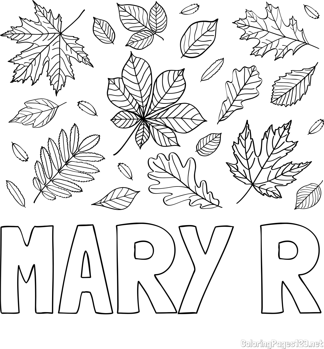 MARY R Coloring Page and Autumn Leaves Coloring Page
