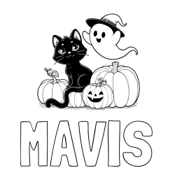 Online Created Coloring Page - MAVIS Coloring Page and Halloween Pumpkin Coloring Page for Kids - Happy Cat, Ghost, and Pumpkins
