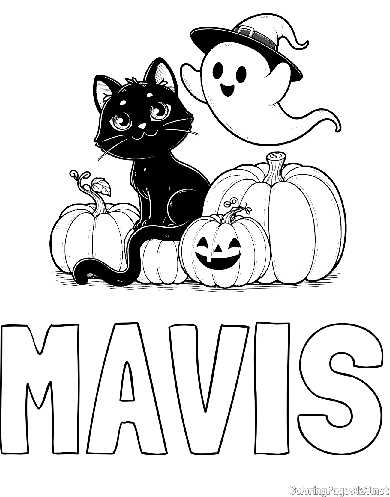MAVIS Coloring Page and Halloween Pumpkin Coloring Page for Kids - Happy Cat, Ghost, and Pumpkins