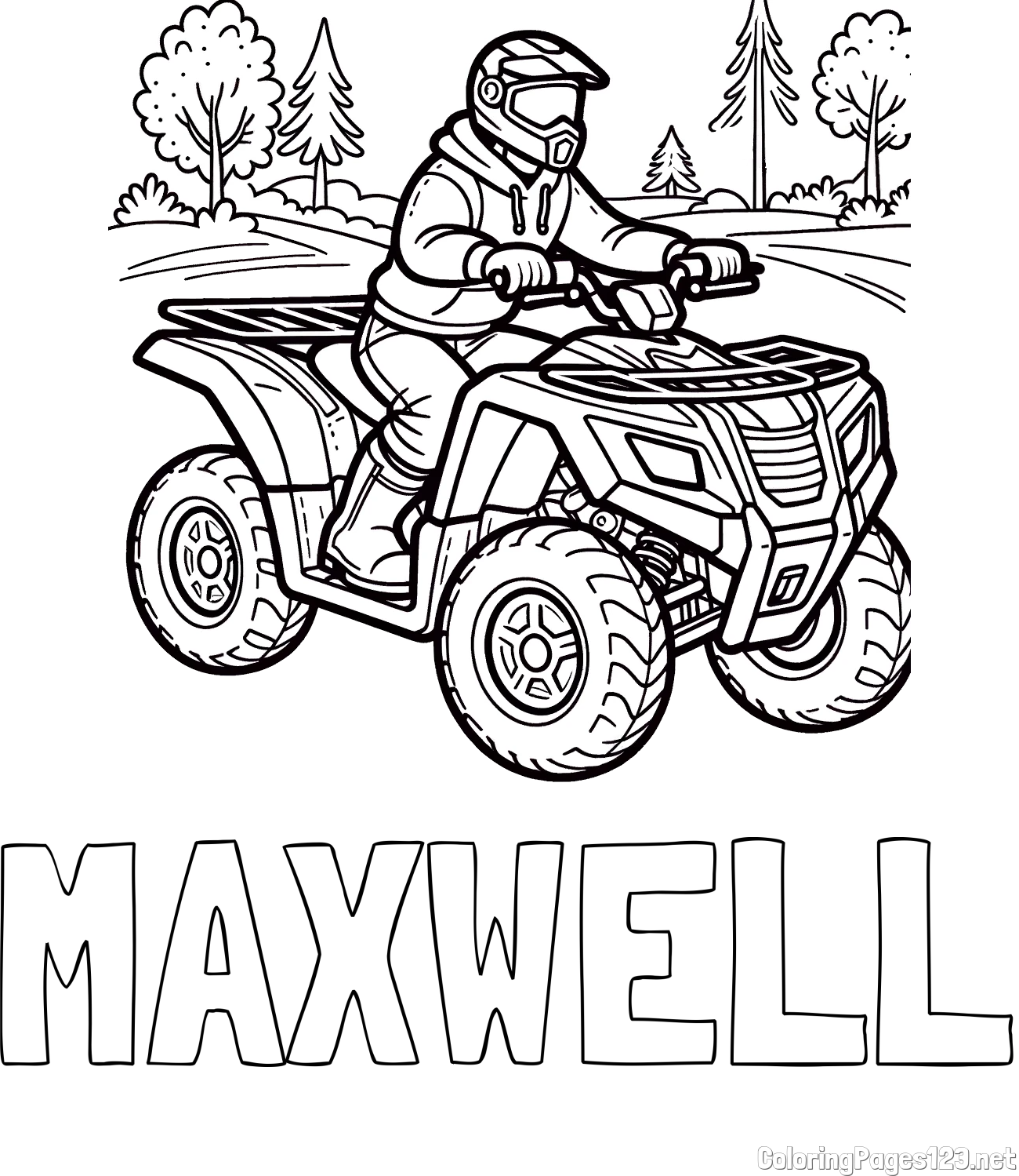 MAXWELL Coloring Page and Motorist on ATV Coloring Page