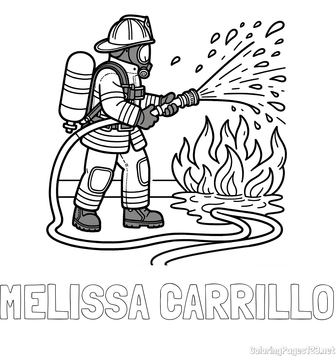 MELISSA CARRILLO Coloring Page and A coloring page of a firefighter and a big fire