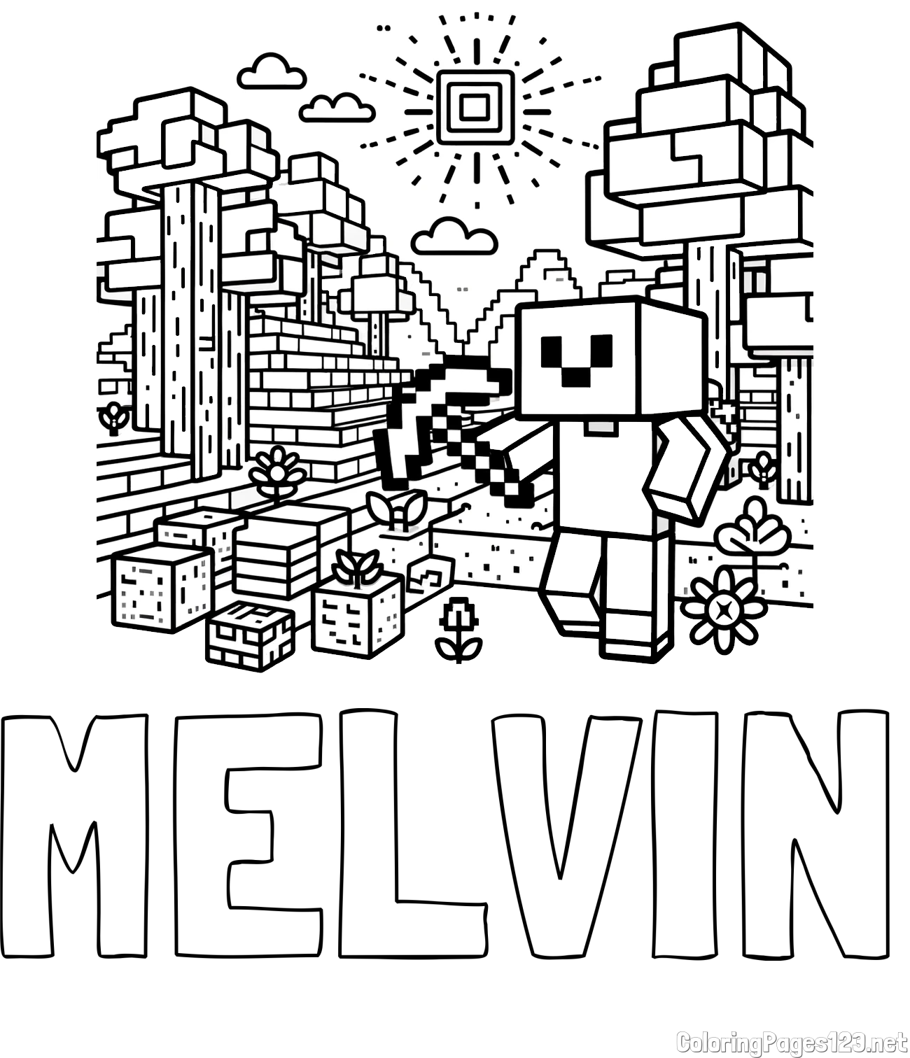 MELVIN Coloring Page and Minecraft World Coloring Page