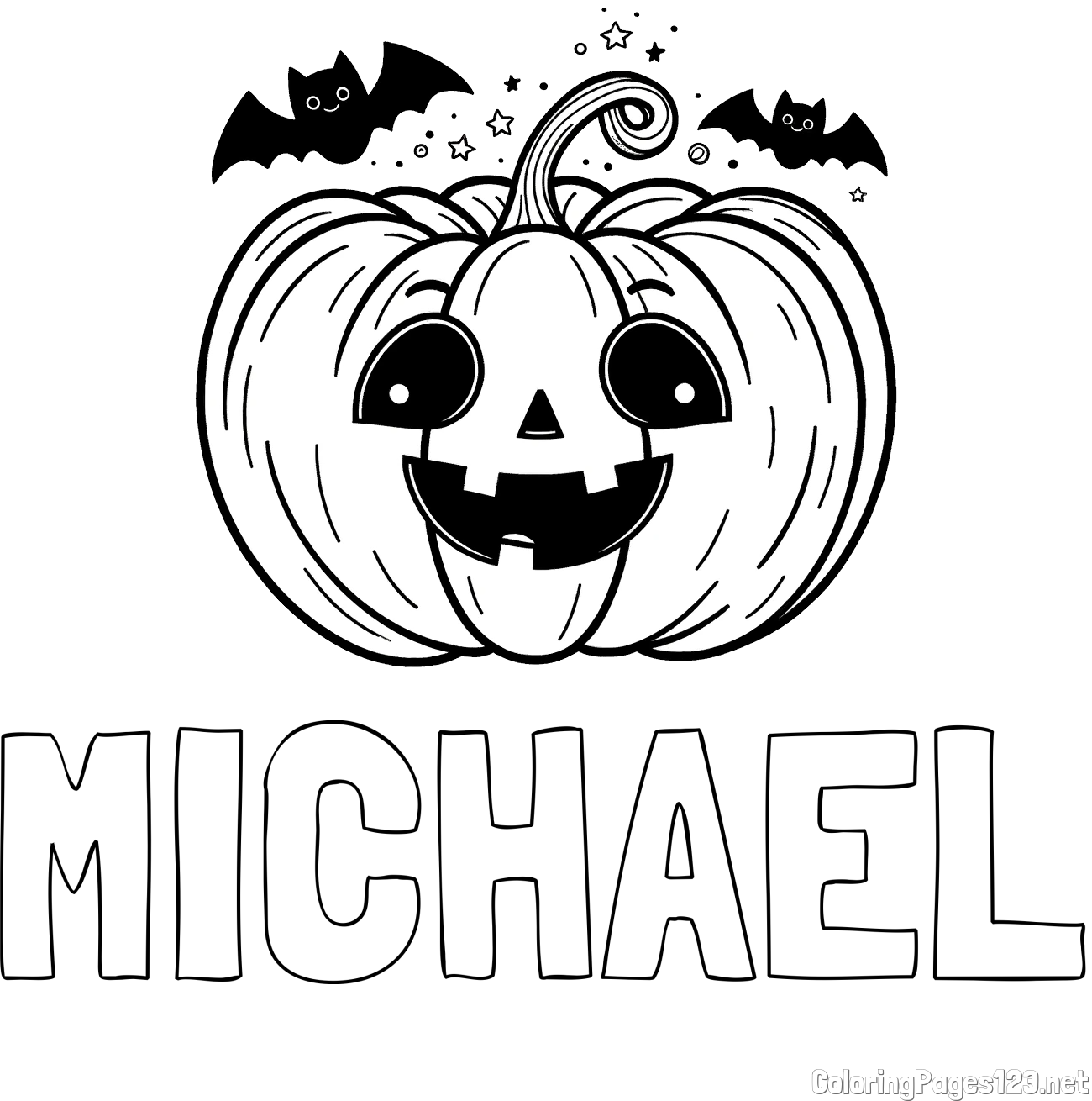 MICHAEL Coloring Page and Halloween Pumpkin and Bats Coloring Page