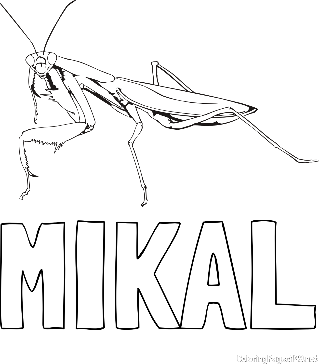 MIKAL Coloring Page and Realistic Praying Mantis Coloring Page