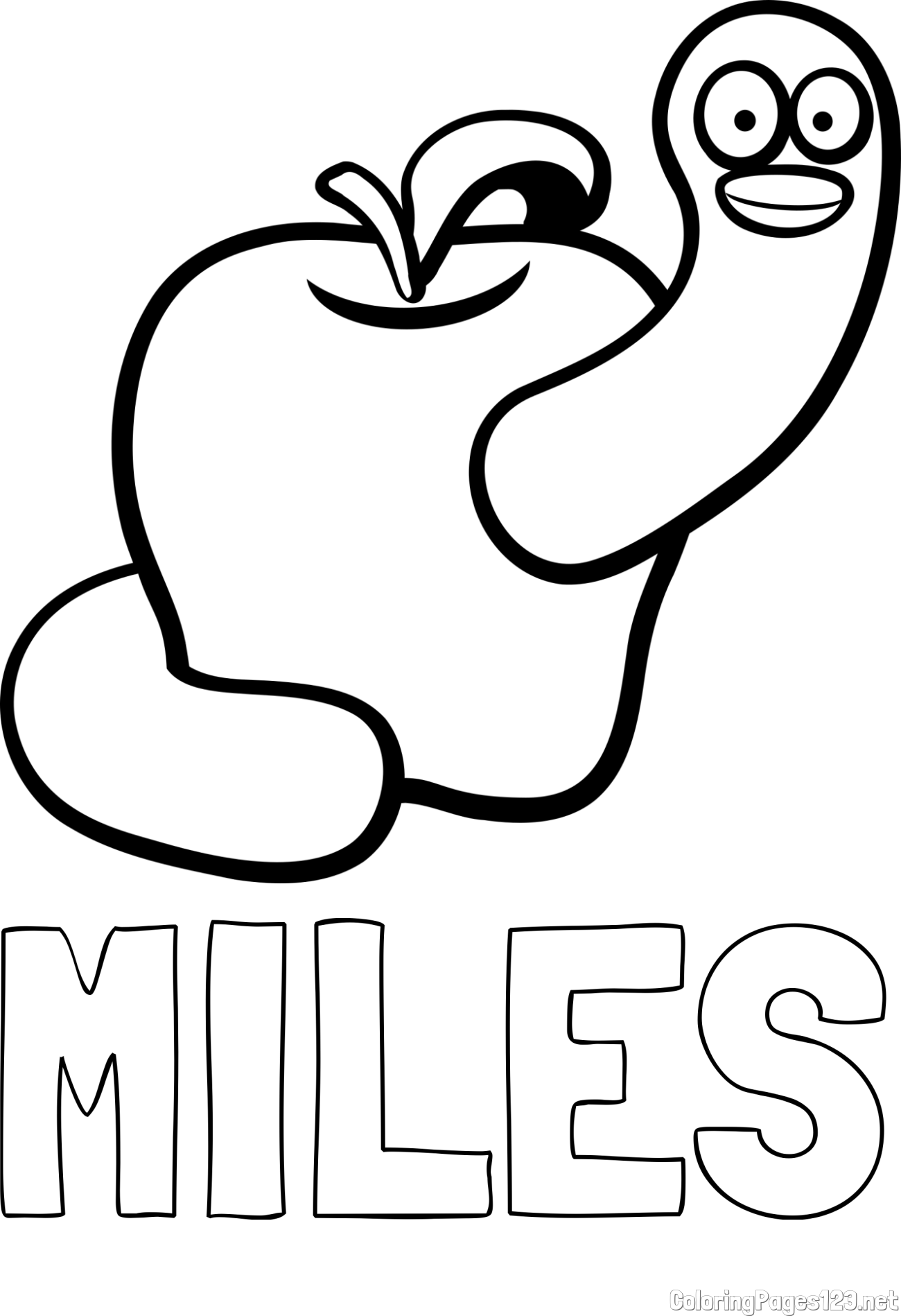 MILES Coloring Page and Apple and Smiling Worm Coloring Page