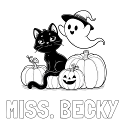 Online Created Coloring Page - MISS. BECKY Coloring Page and Halloween Pumpkin Coloring Page for Kids - Happy Cat, Ghost, and Pumpkins