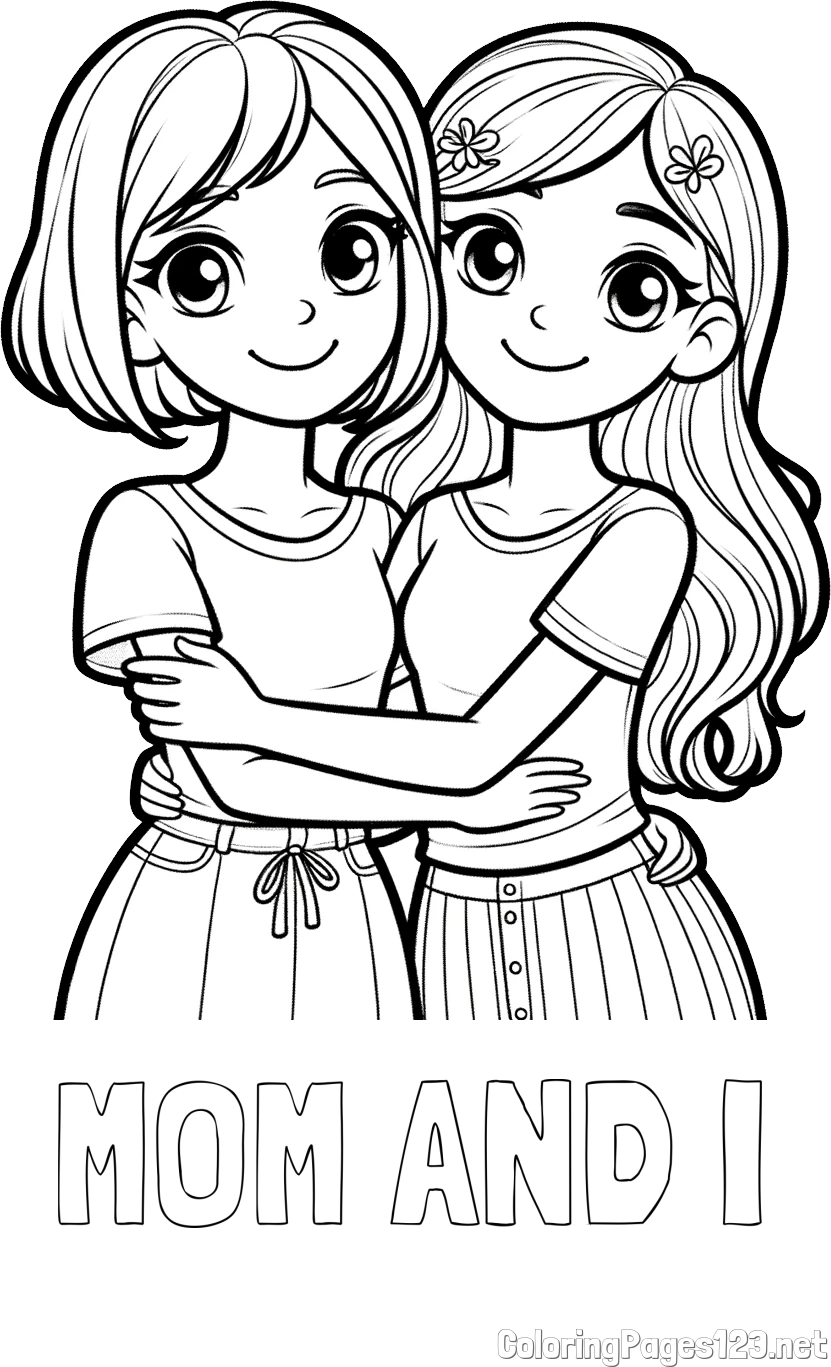 MOM AND I Coloring Page and Coloring Page of Two Cute Girls Hugging Each Other (Best Friends Forever)