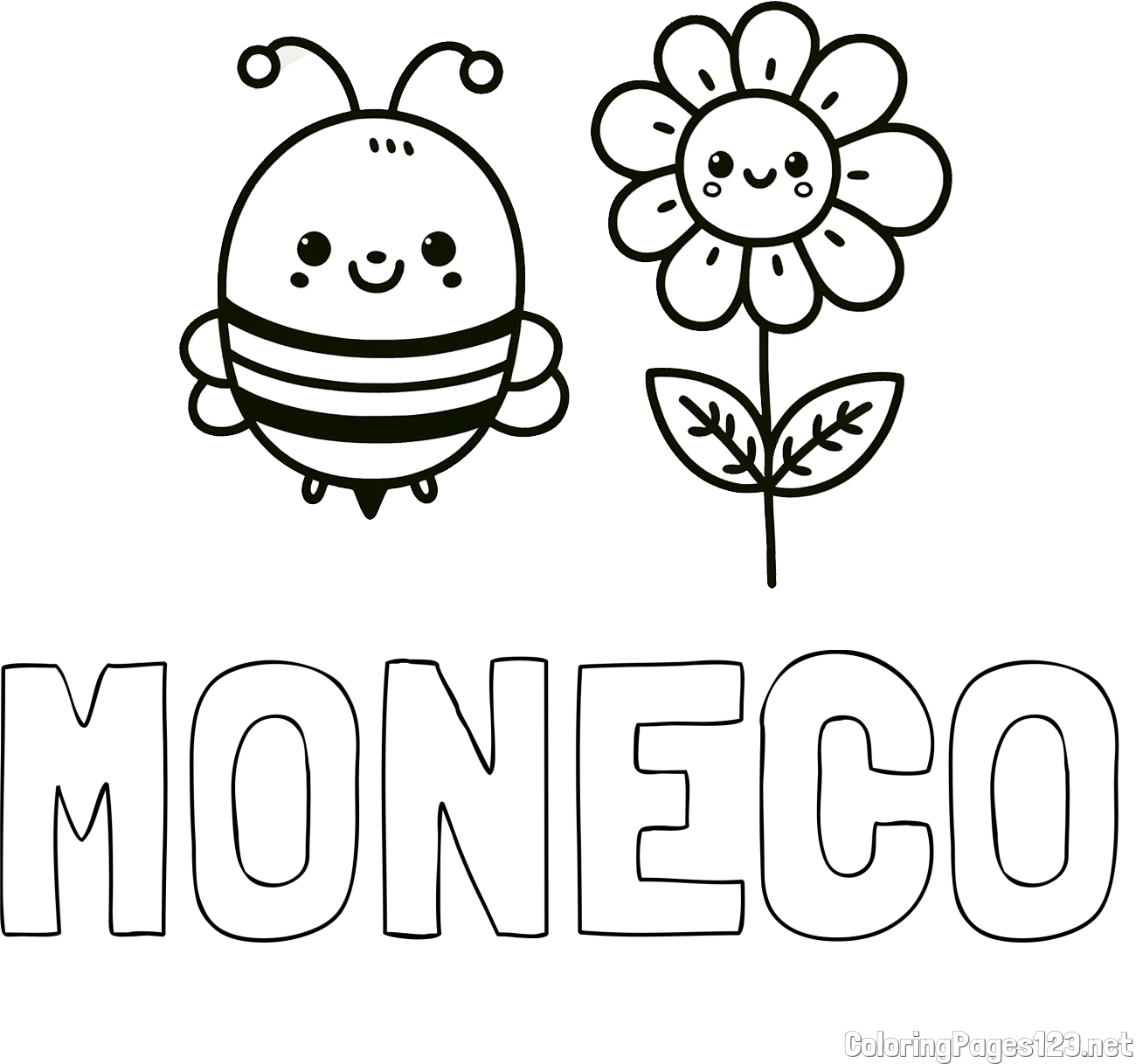 MONECO Coloring Page and Coloring Page of a Cute Bee and Smiling Flowers