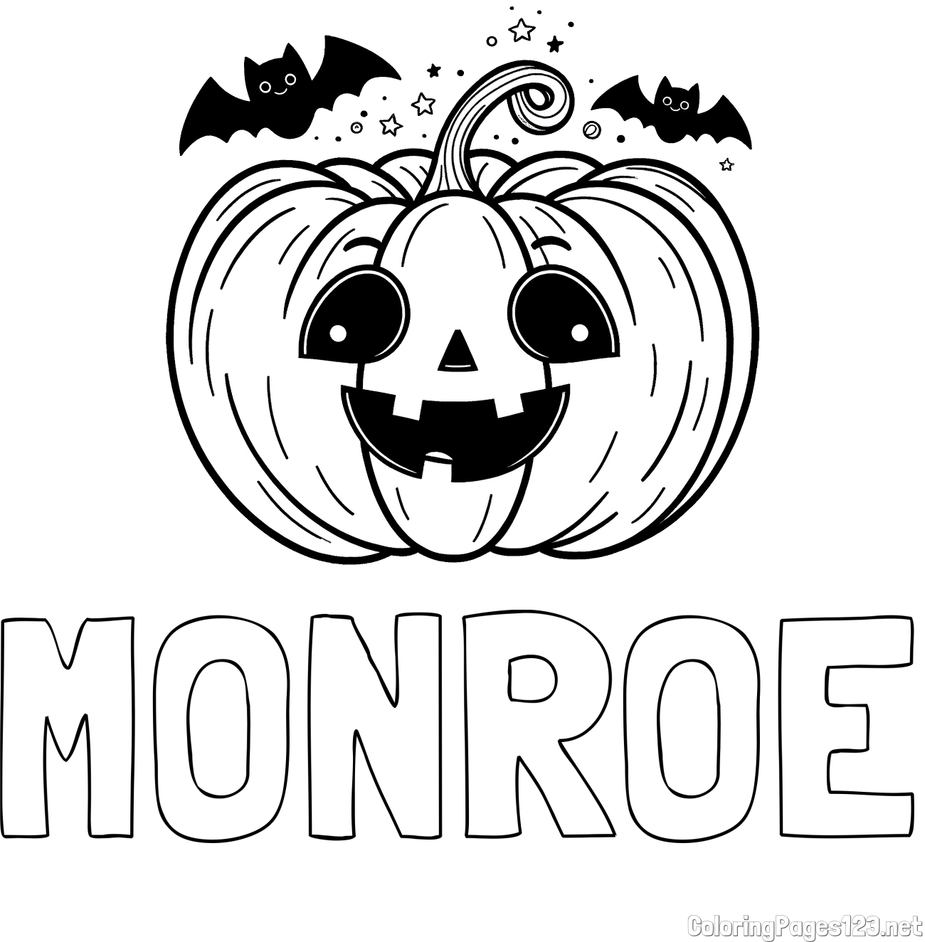 MONROE Coloring Page and Halloween Pumpkin and Bats Coloring Page