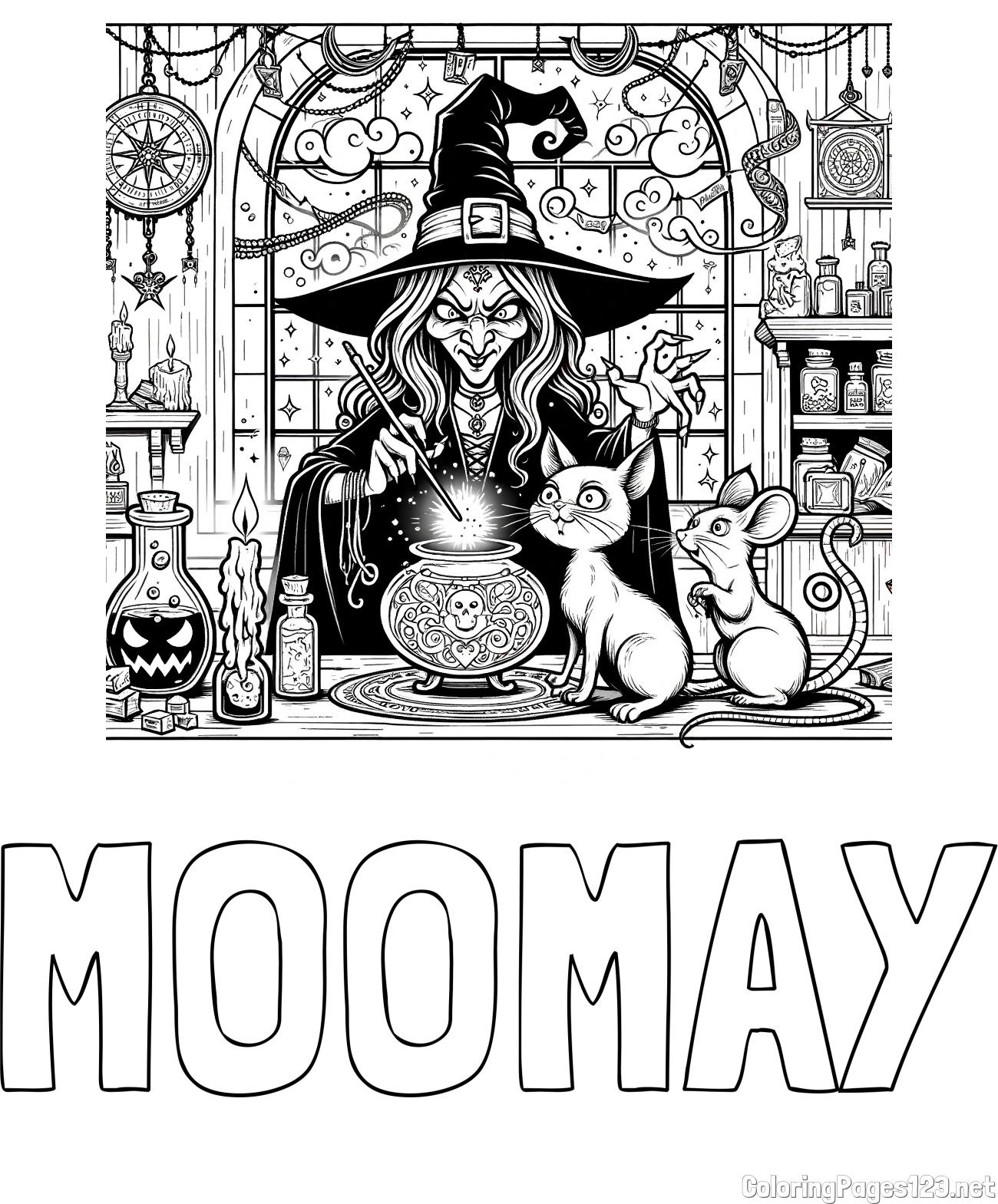 MOOMAY Coloring Page and Coloring Page of an Evil Witch, a Cat, and a Mouse