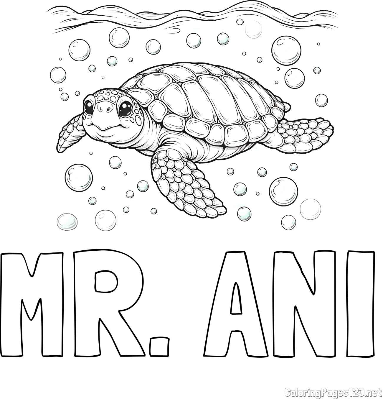 MR. ANI Coloring Page and Coloring Page of a Sea Turtle Swimming in the Ocean
