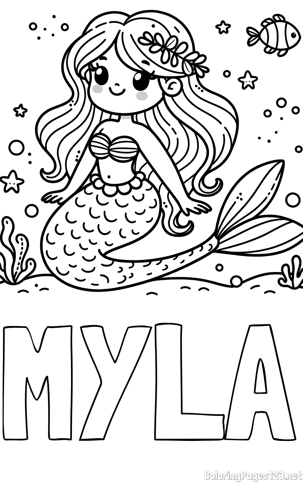 MYLA Coloring Page and Coloring Page of a Cute Mermaid in the Sea