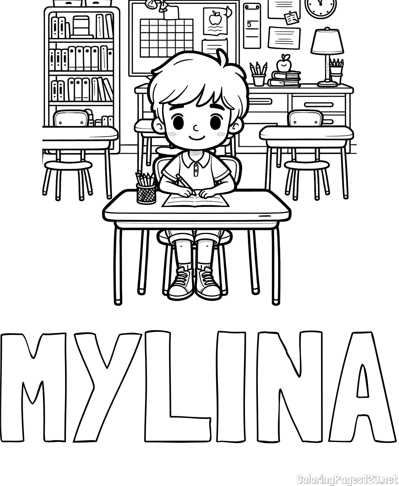 MYLINA Coloring Page and Cute Student in Class Coloring Page