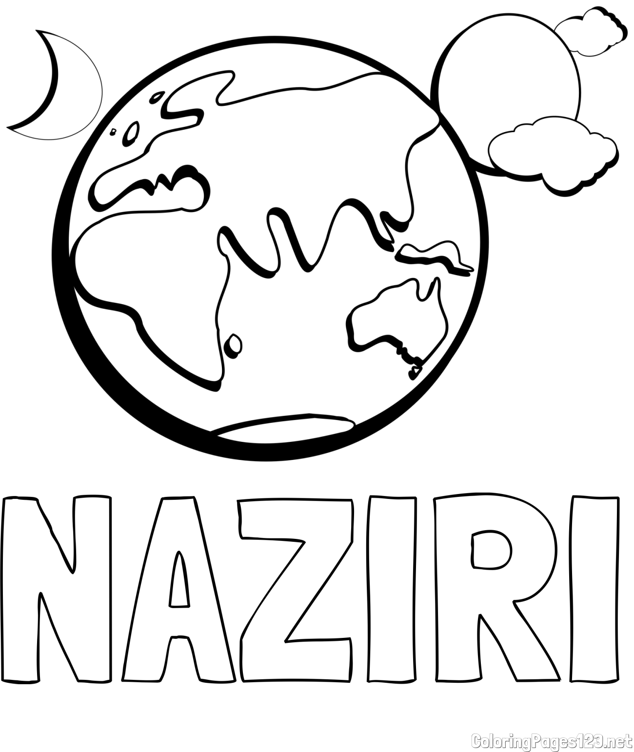 NAZIRI Coloring Page alongside Earth, Sun, and Moon Coloring Page