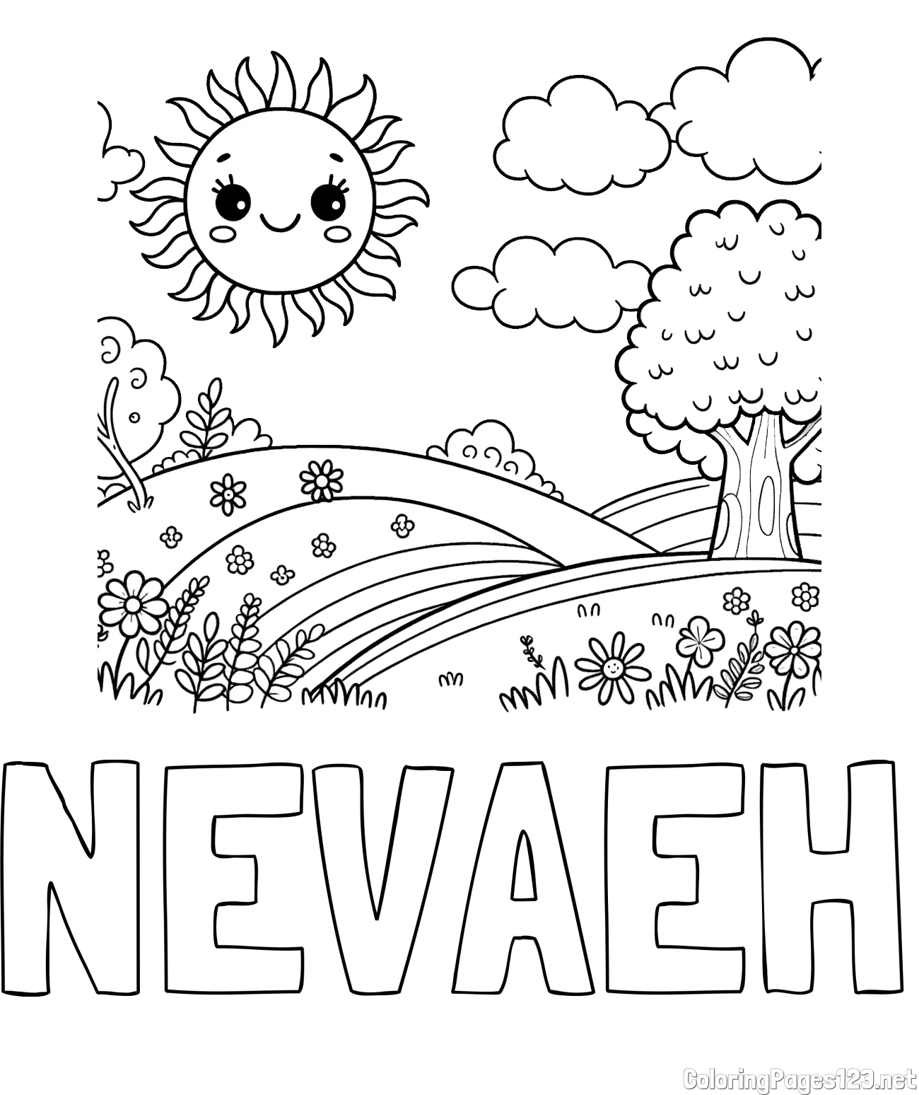 NEVAEH Coloring Page and Sunny Nature Coloring Page