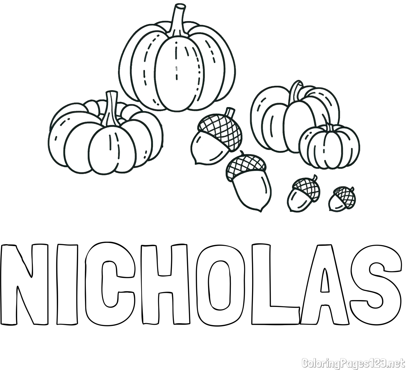NICHOLAS Coloring Page and Autumn Harvest Coloring Page - Acorns and Pumpkins