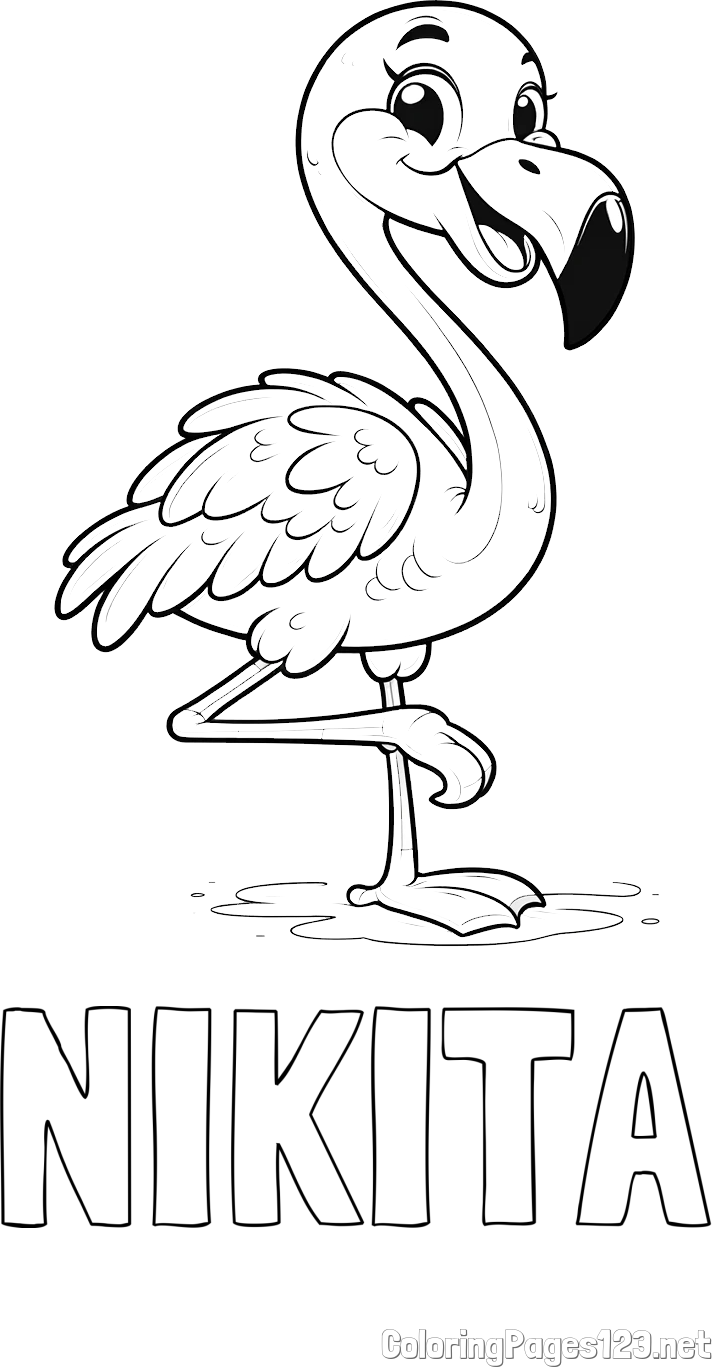 NIKITA Coloring Page and Coloring Page of a Cute Smiling Flamingo