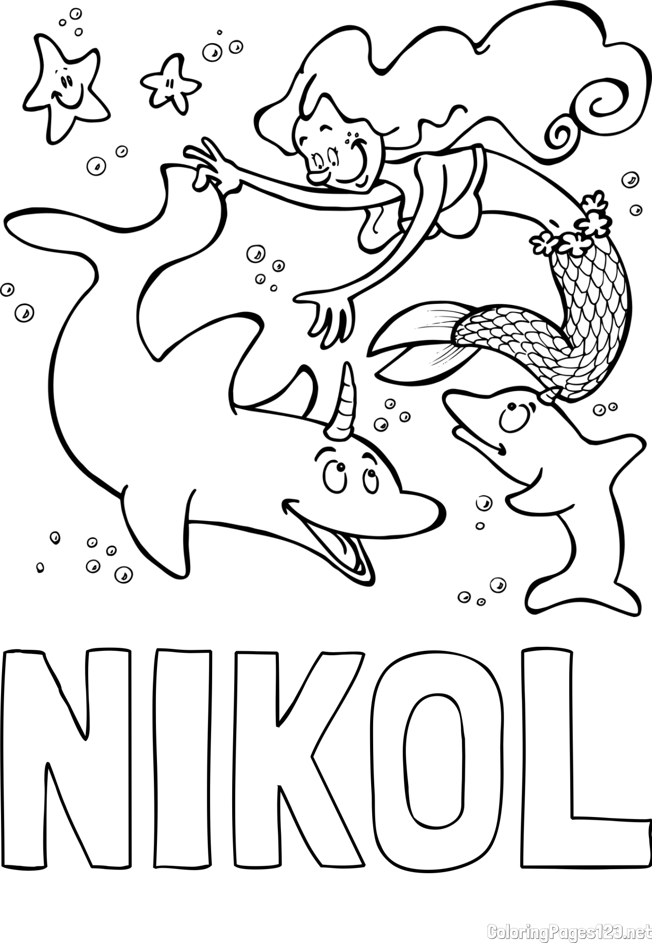 NIKOL Coloring Page alongside Coloring Page of a Mermaid Playing with Dolphins