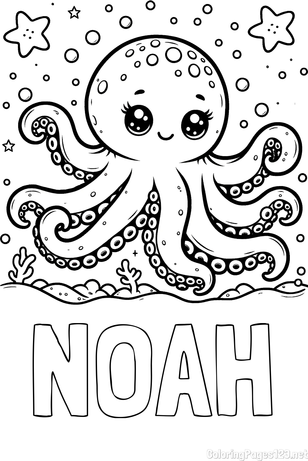 NOAH Coloring Page alongside Coloring Page of an Octopus in the Sea