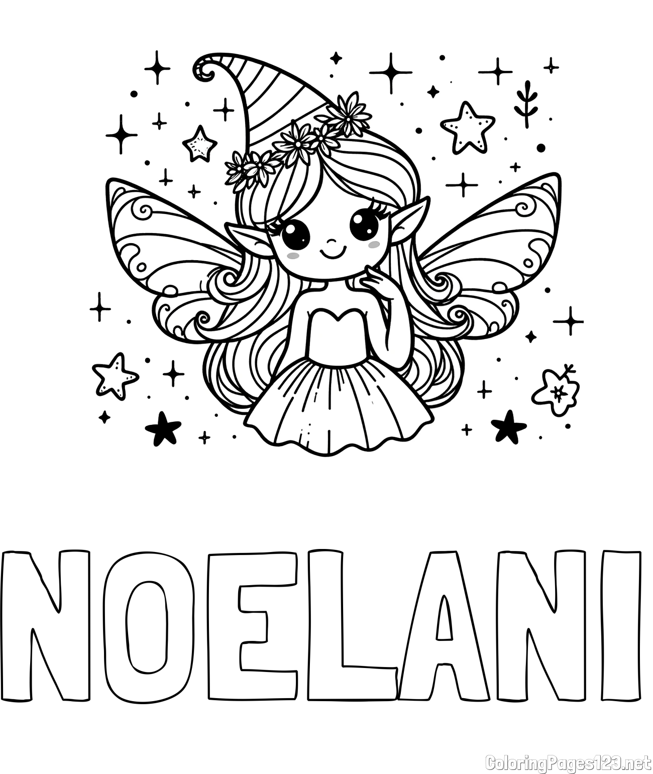 NOELANI Coloring Page and Coloring Page of a Cute and Smiling Magical Fairy