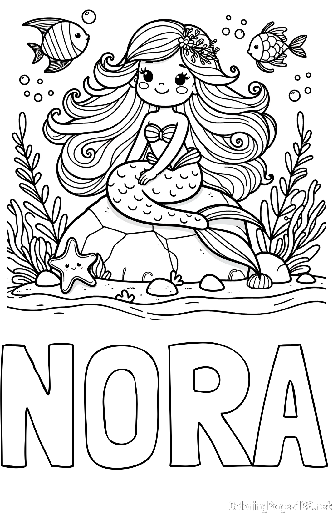 NORA Coloring Page and Coloring Page of a Cute Little Mermaid
