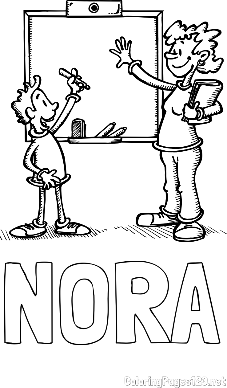 NORA Coloring Page and School Coloring Page of a Teacher and a Student