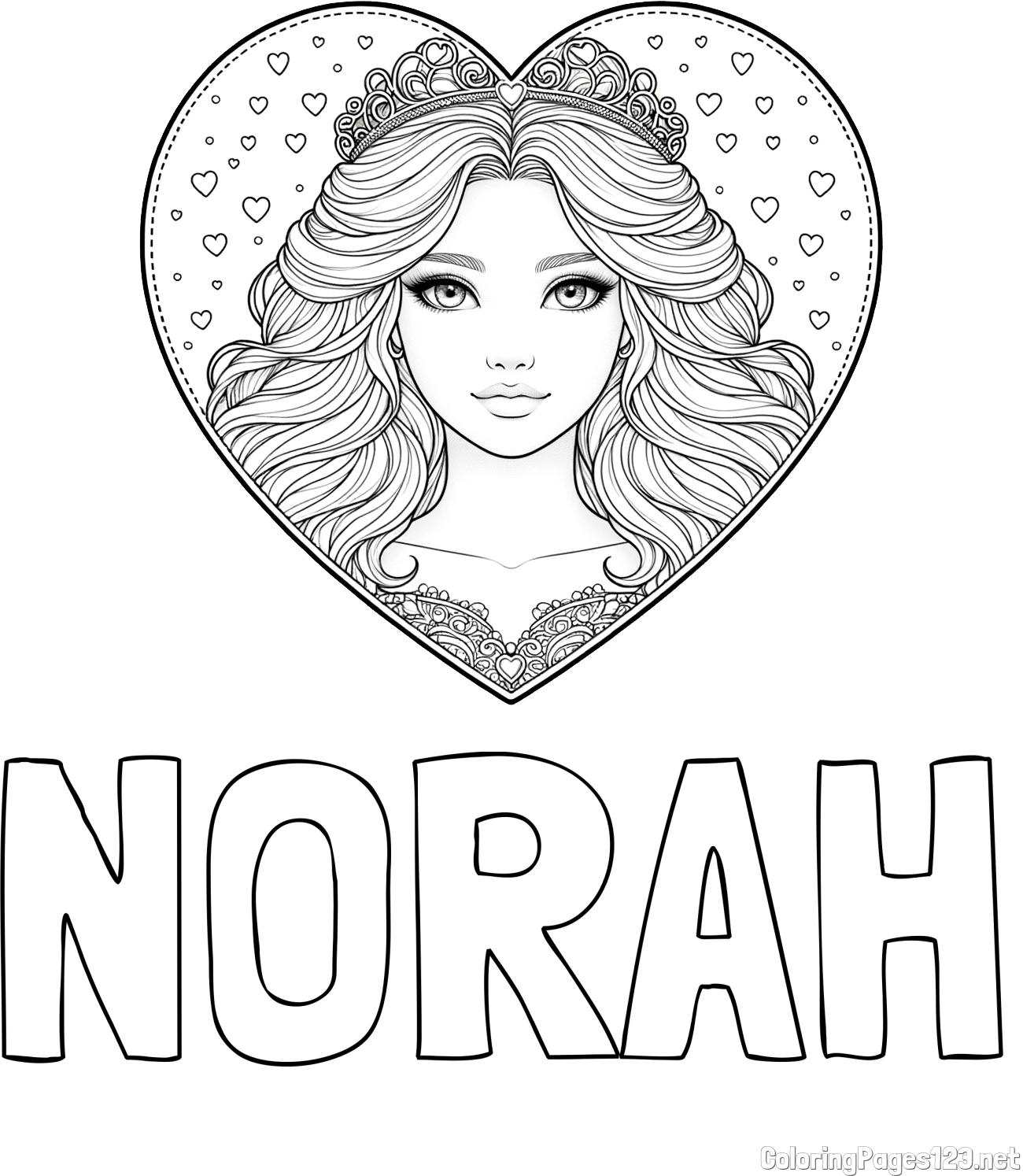 NORAH Coloring Page and Coloring Page of a Princess in a Heart