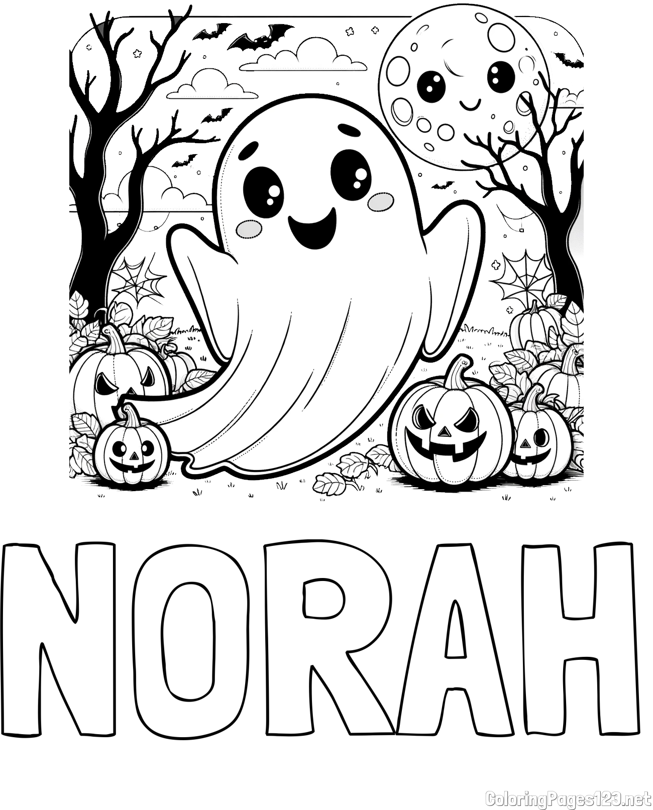 NORAH Coloring Page and Halloween Coloring Page of a Ghost with Pumpkins
