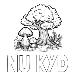 Online Created Coloring Page - NU KYD Coloring Page and Coloring Page of Two Mushrooms and a Big Tree