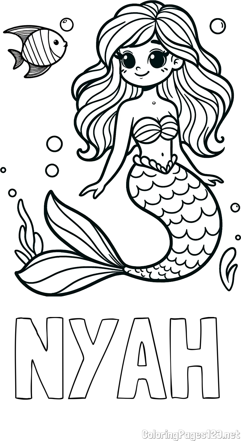 NYAH Coloring Page and Coloring Page of a Little Mermaid and Fish