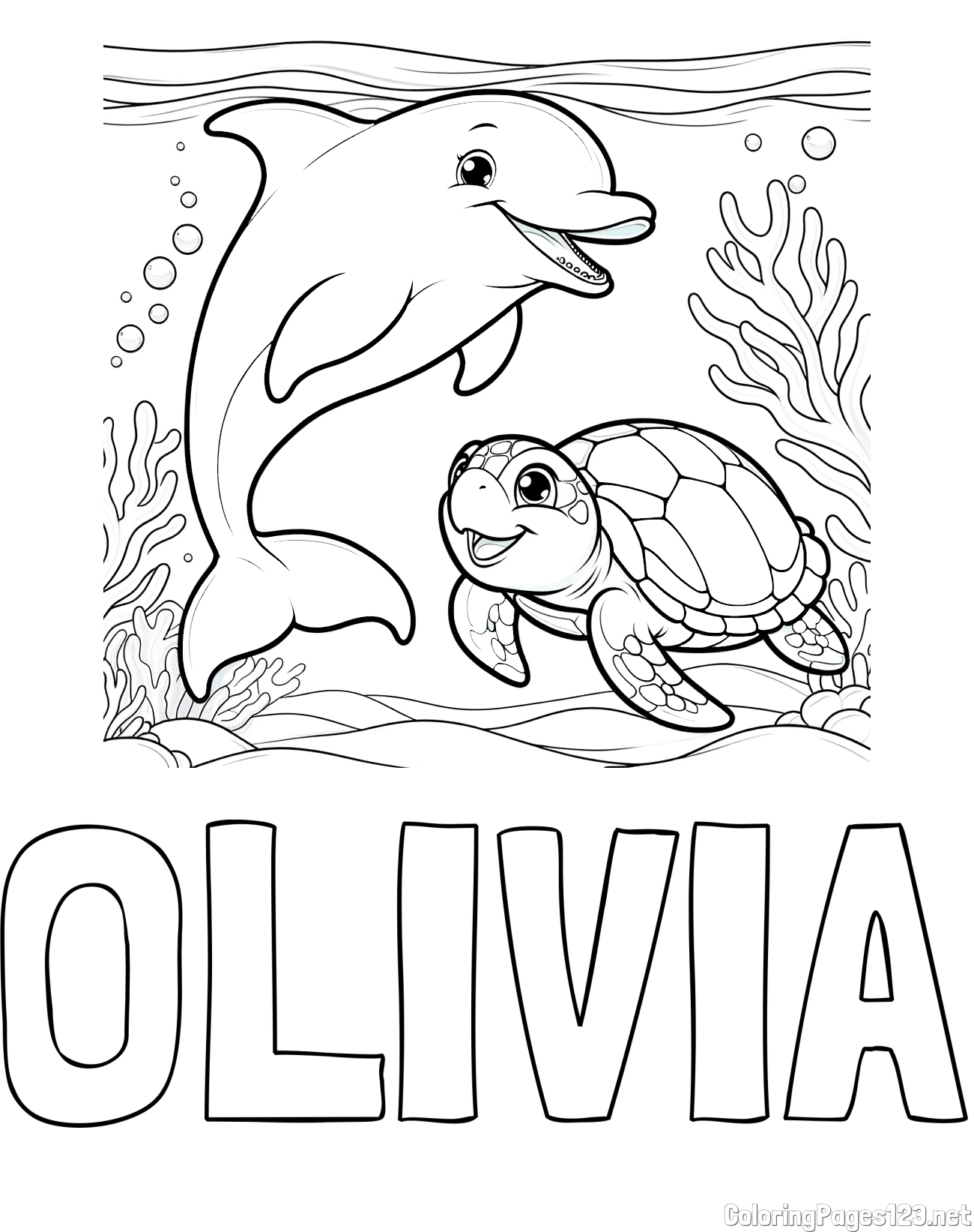 OLIVIA Coloring Page and Coloring Book of a Cute Dolphin with a Turtle in the Sea
