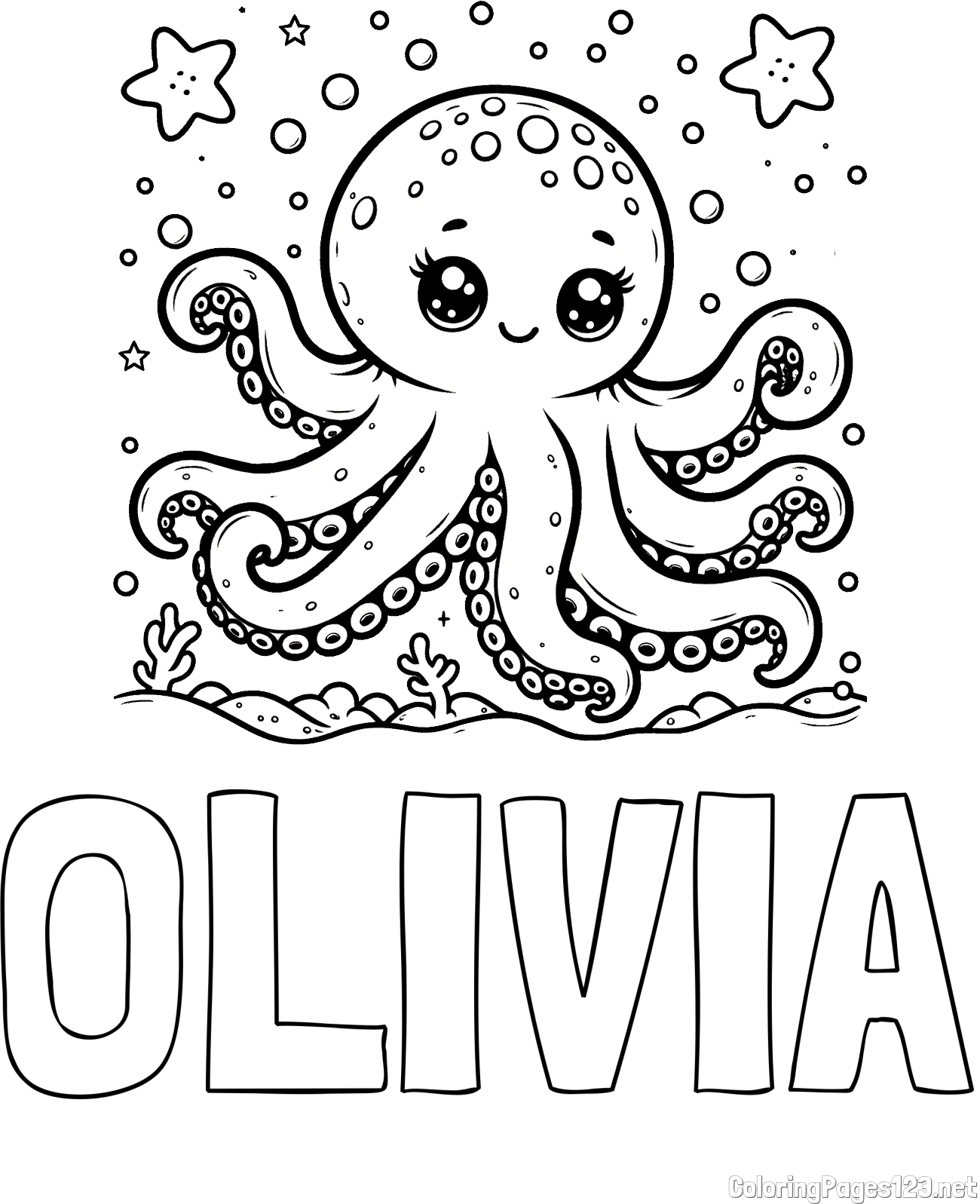 OLIVIA Coloring Page and Coloring Page of an Octopus in the Sea