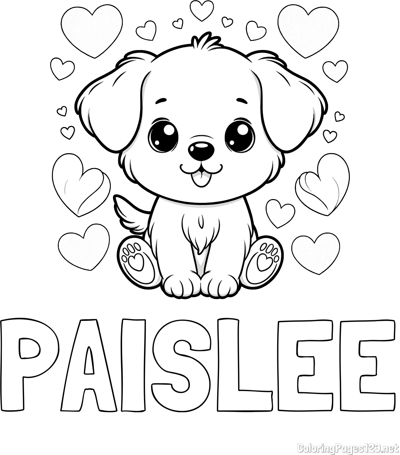 PAISLEE Coloring Page and Coloring Page of a Cute Dog and Hearts