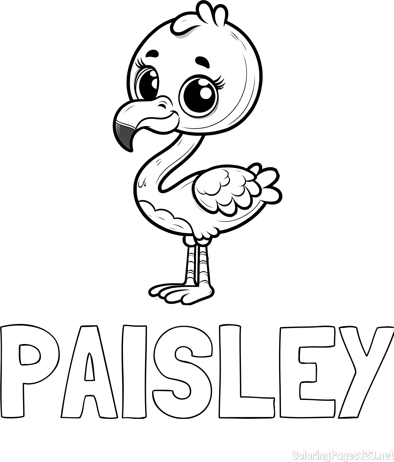 PAISLEY Coloring Page alongside Coloring Page of an Adorable Flamingo with Big, Cute Eyes