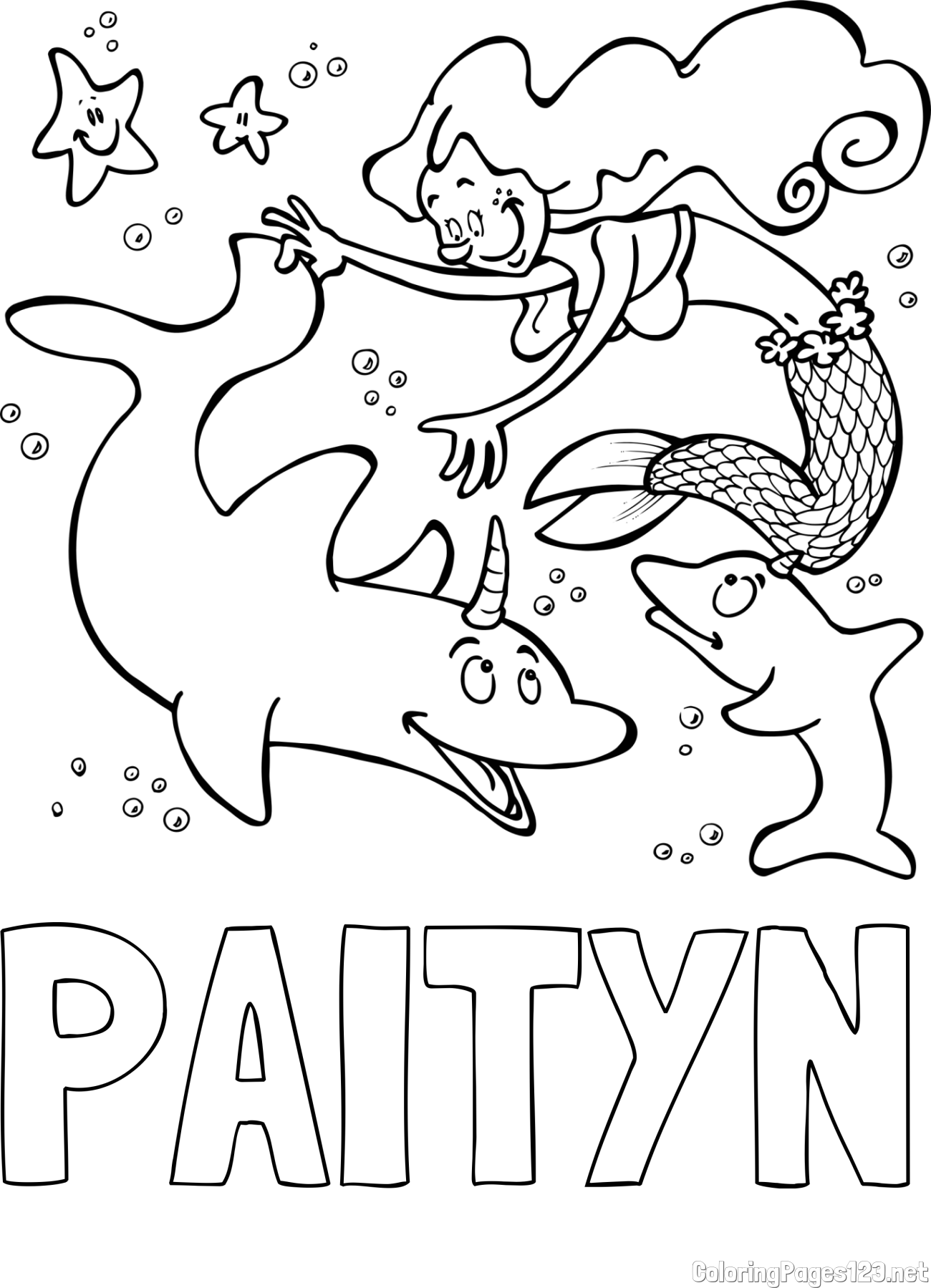 PAITYN Coloring Page and Coloring Page of a Mermaid Playing with Dolphins