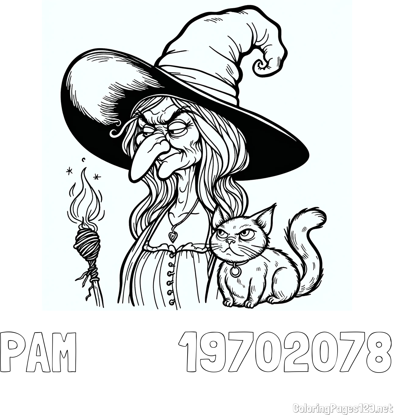 PAM         1970-2078 Coloring Page and Coloring Page of an Evil Old Witch and a Cat