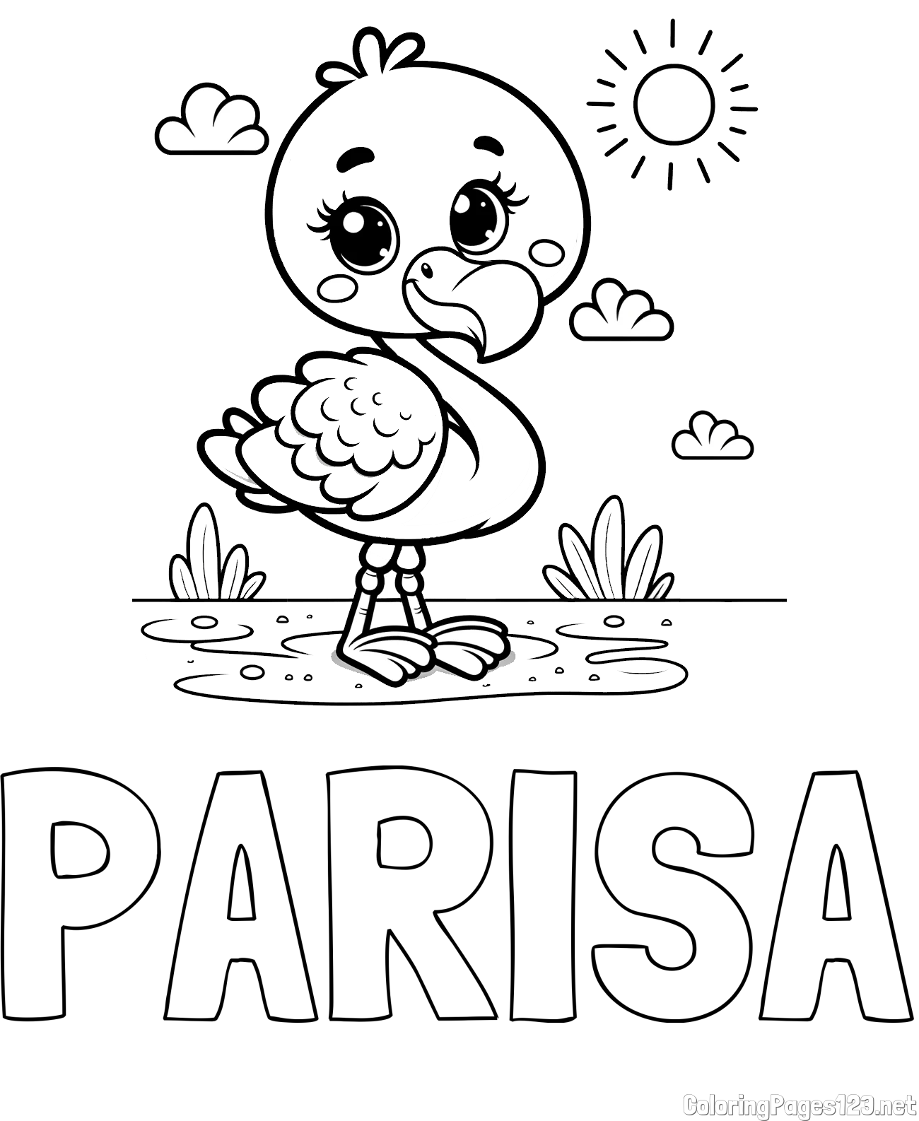PARISA Coloring Page and Easy Coloring Page of a Cute Flamingo
