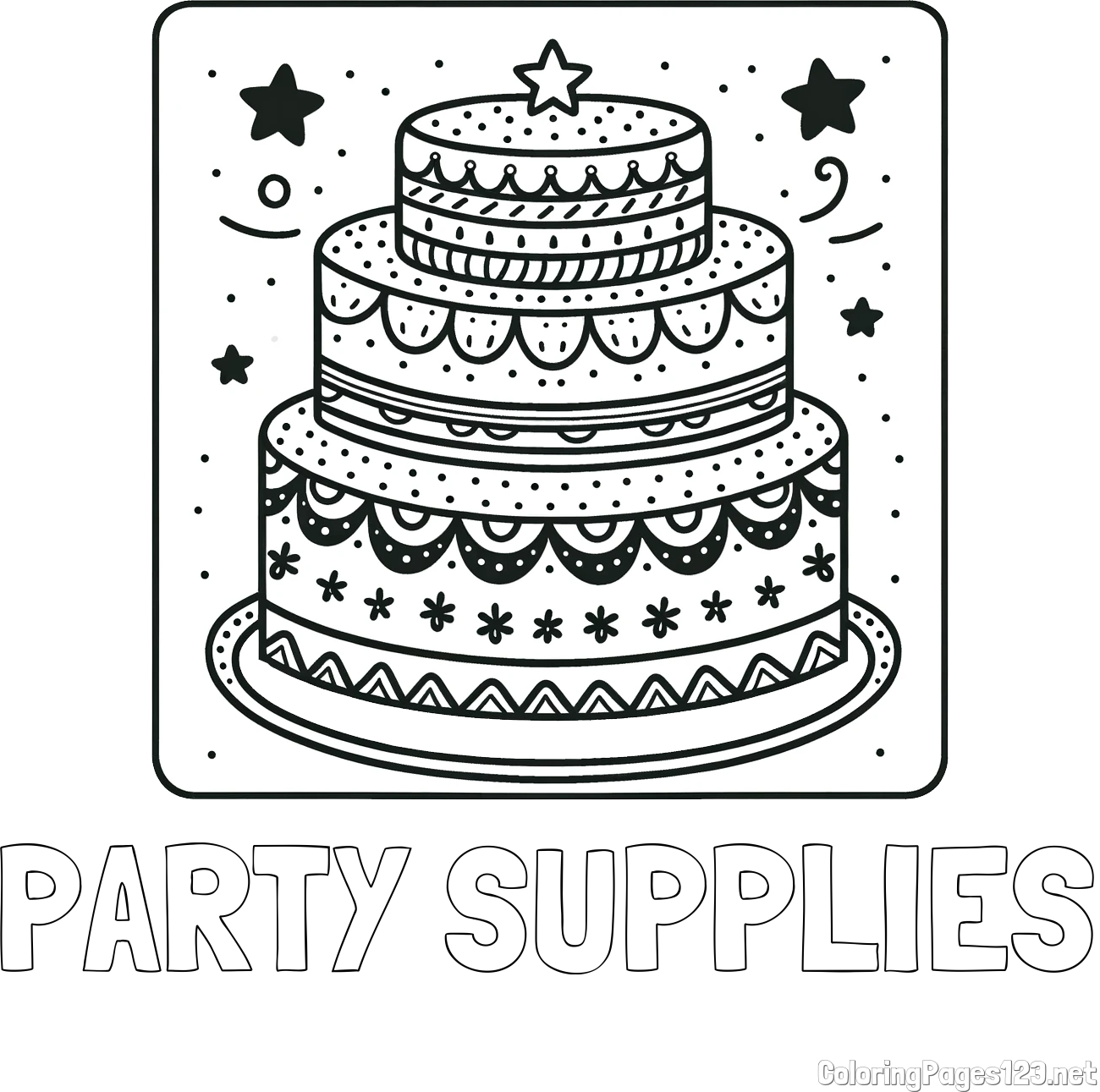 PARTY SUPPLIES Coloring Page and Big Cake Coloring Page