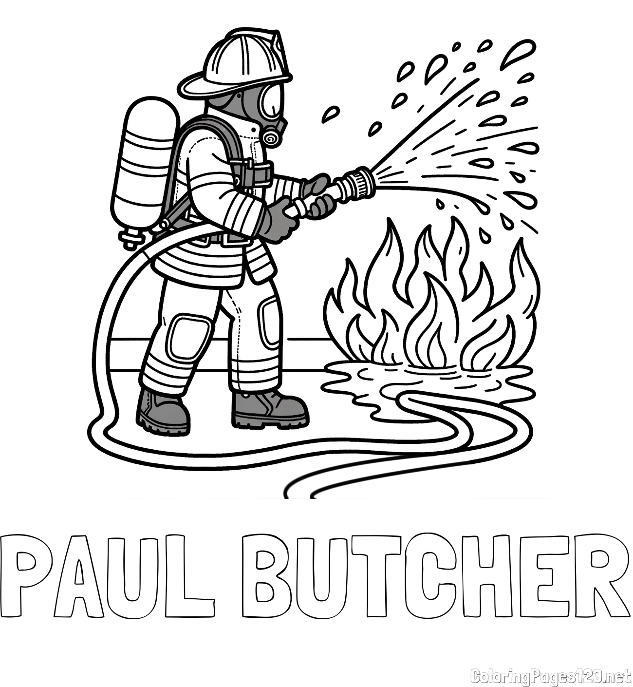 PAUL BUTCHER Coloring Page and A coloring page of a firefighter and a big fire