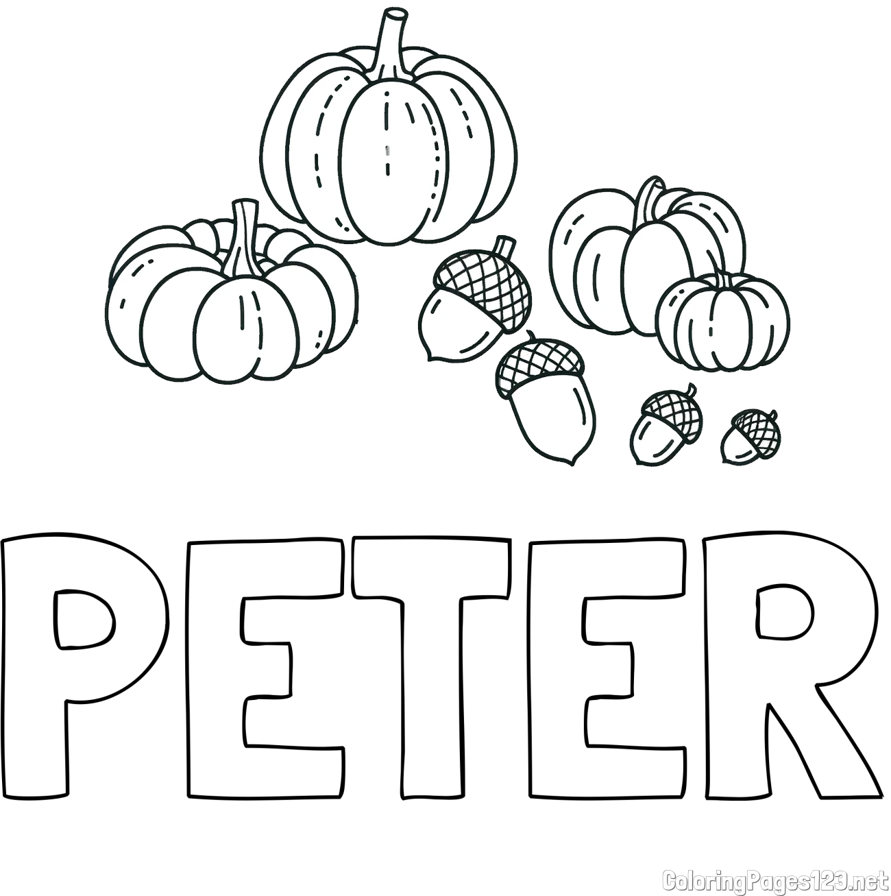 PETER Coloring Page and Autumn Harvest Coloring Page - Acorns and Pumpkins