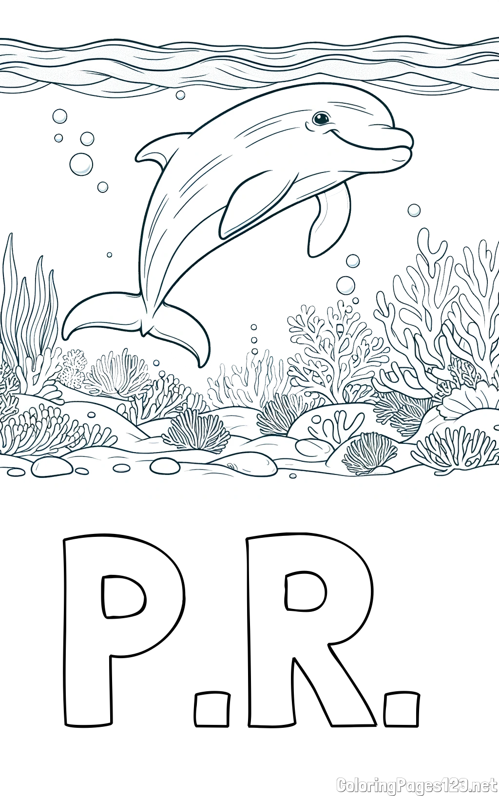P.R. Coloring Page and Coloring Page of a Cute Dolphin Swimming in the Sea