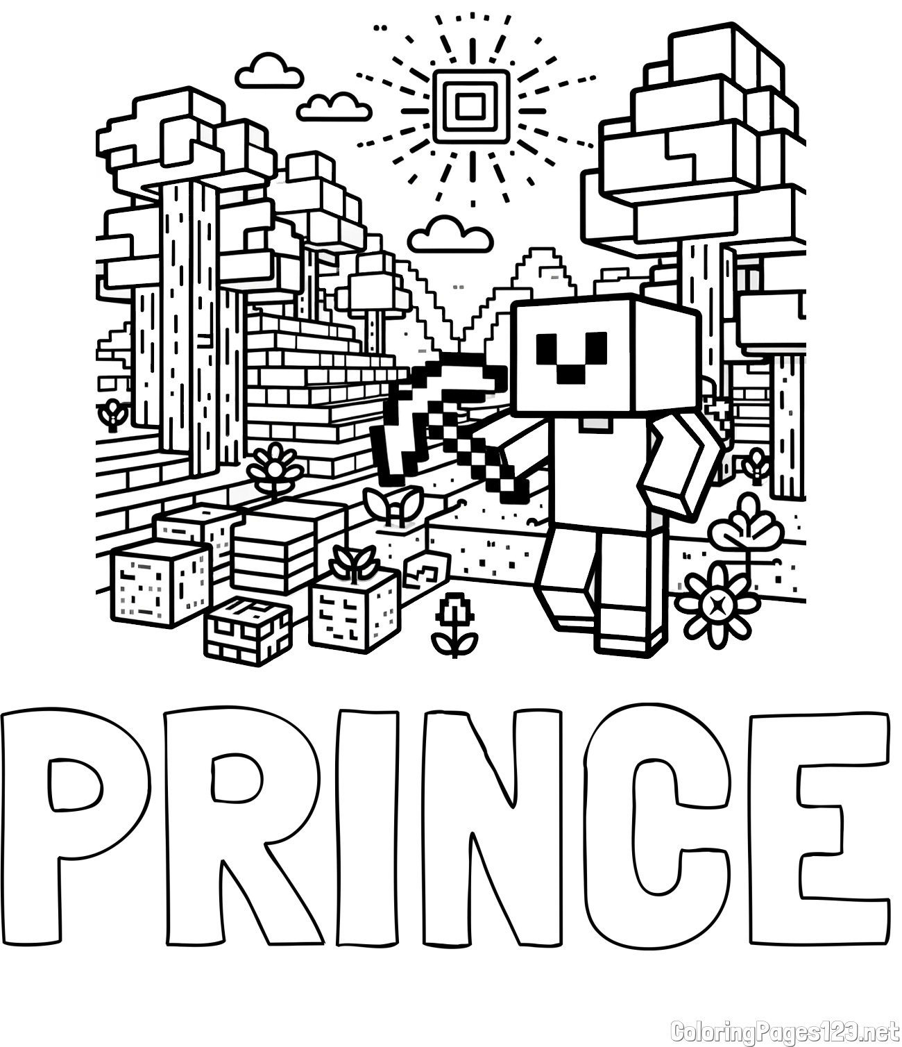 PRINCE Coloring Page and Minecraft World Coloring Page