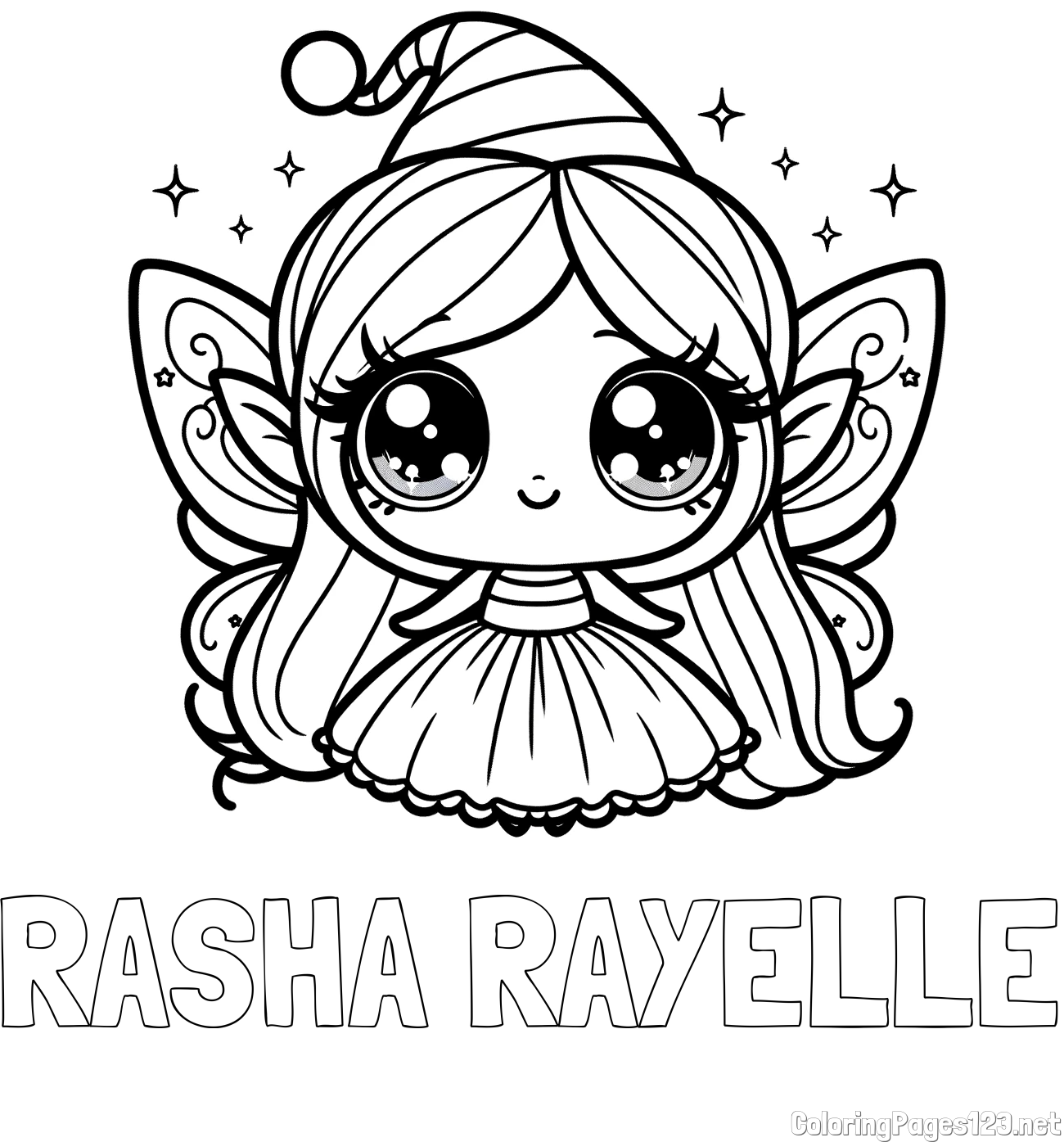 RASHA RAYELLE Coloring Page and Coloring Page of a Cute Magical Fairy with Big Eyes