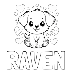 RAVEN Coloring Page and Coloring Page of a Cute Dog and Hearts