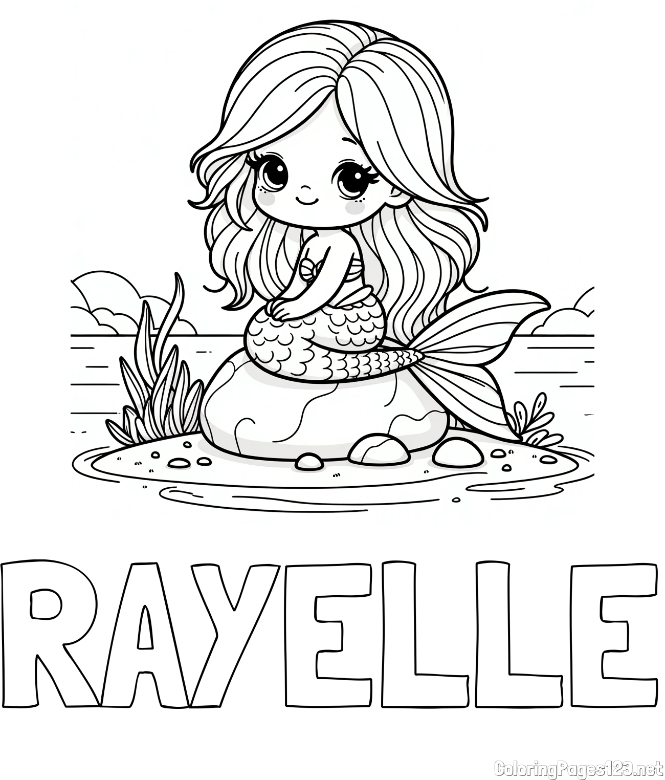 RAYELLE Coloring Page and Coloring Page of a Cute Mermaid Sitting on a Stone