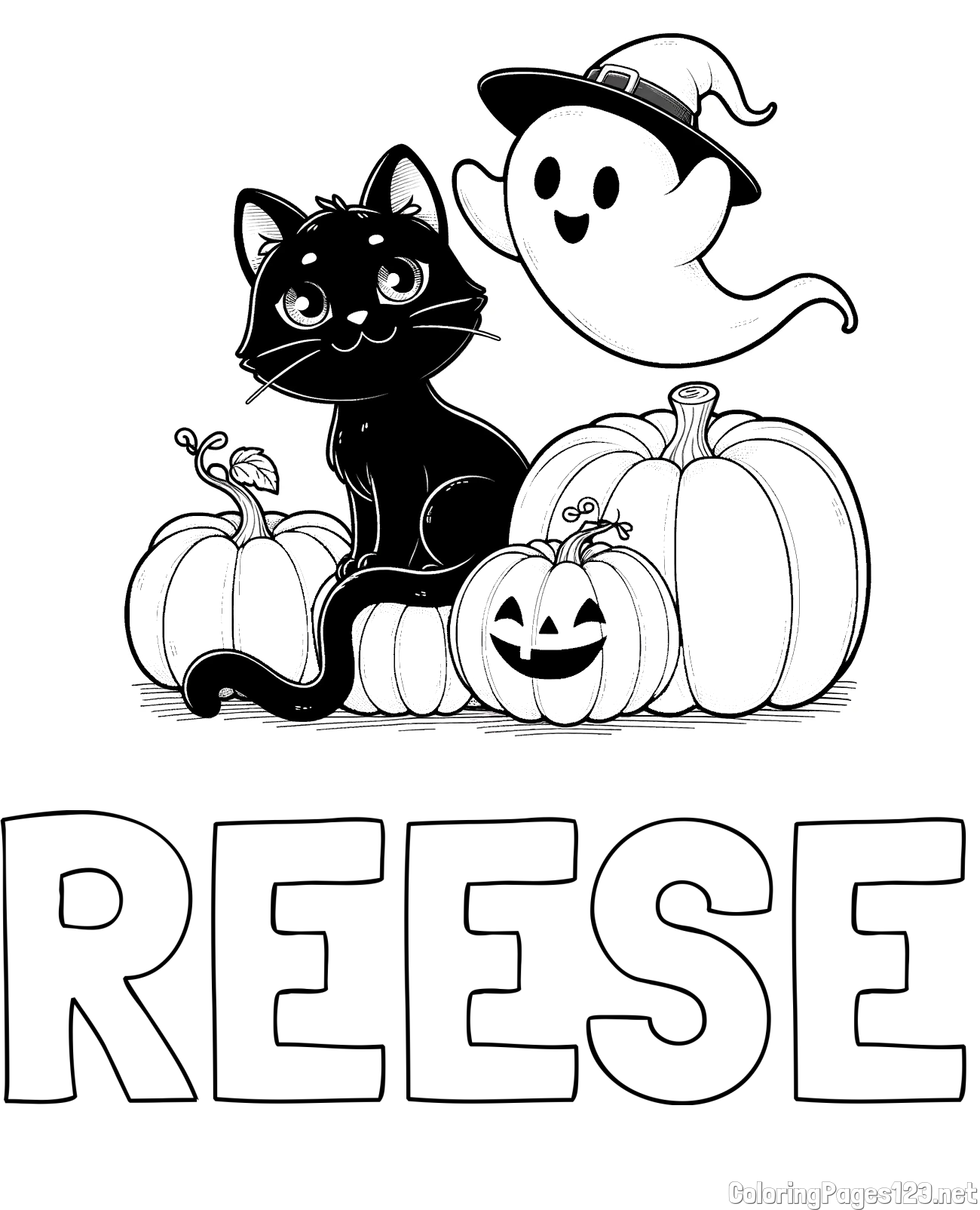 REESE Coloring Page and Halloween Pumpkin Coloring Page for Kids - Happy Cat, Ghost, and Pumpkins