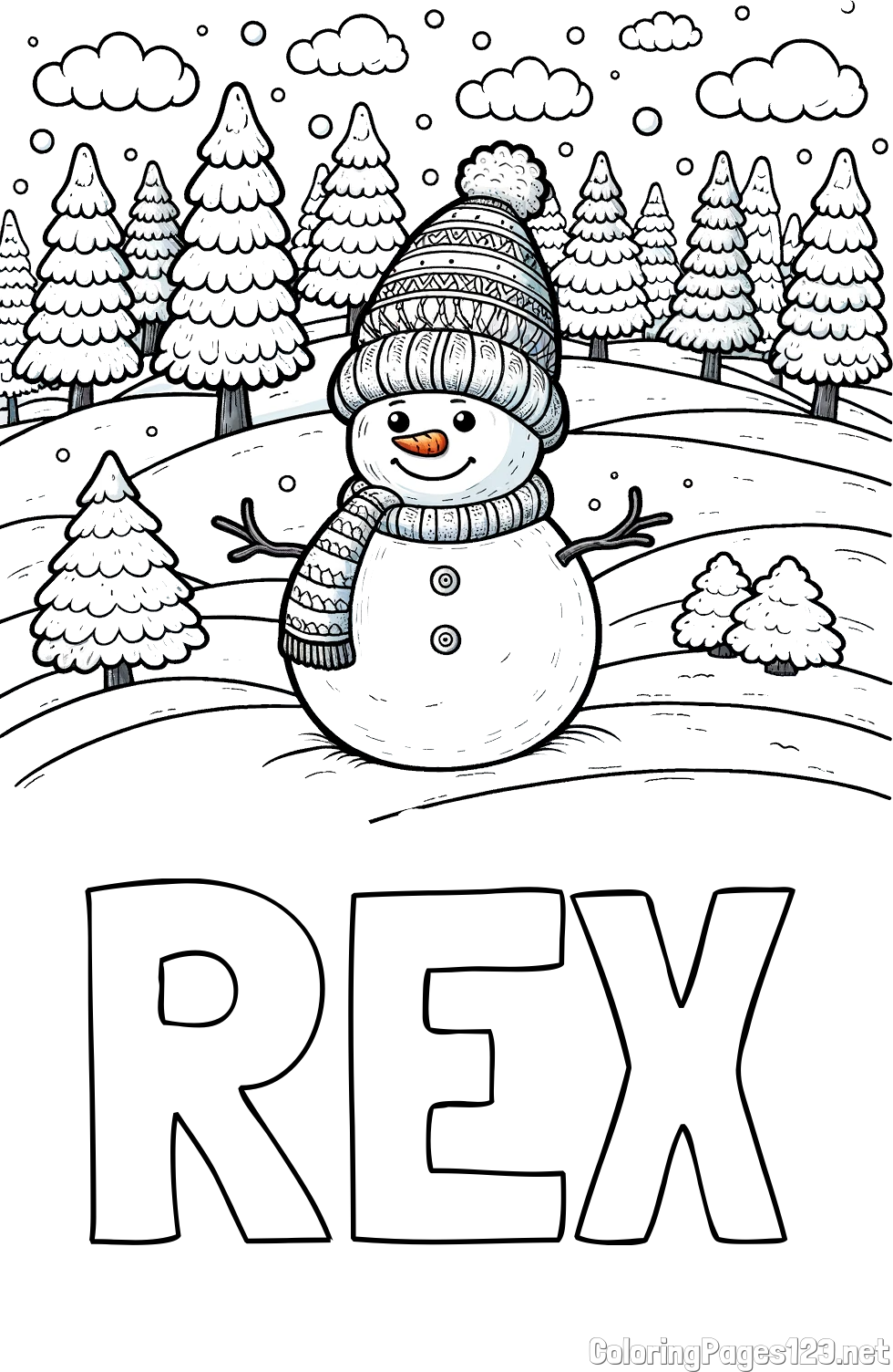REX Coloring Page alongside Coloring Page of a Snowman with Pine Trees ...