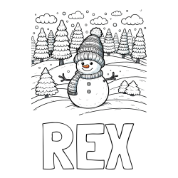 REX Coloring Page alongside Coloring Page of a Snowman with Pine Trees in the Background