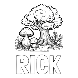 Online Created Coloring Page - RICK Coloring Page and Coloring Page of Two Mushrooms and a Big Tree