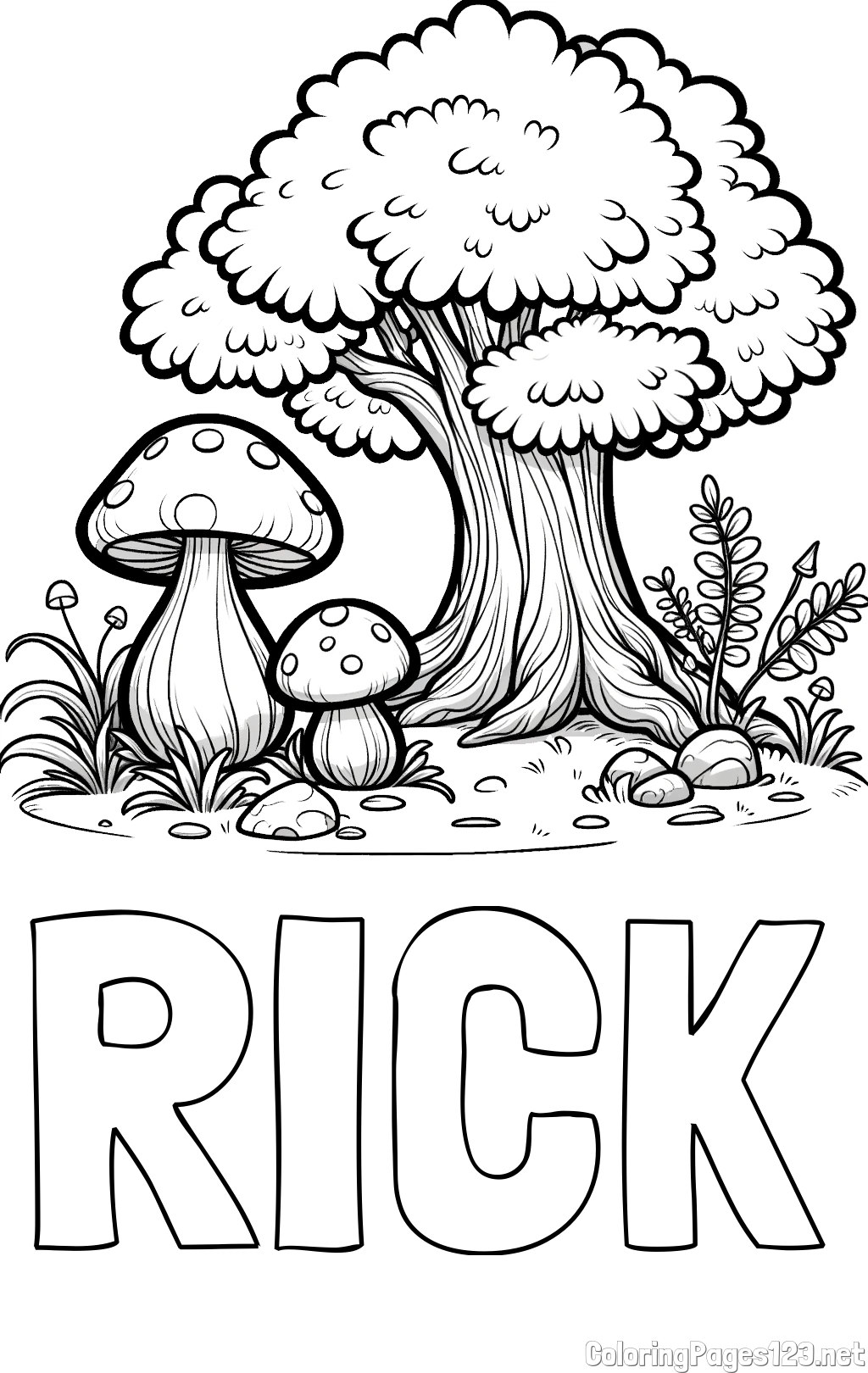 RICK Coloring Page and Coloring Page of Two Mushrooms and a Big Tree